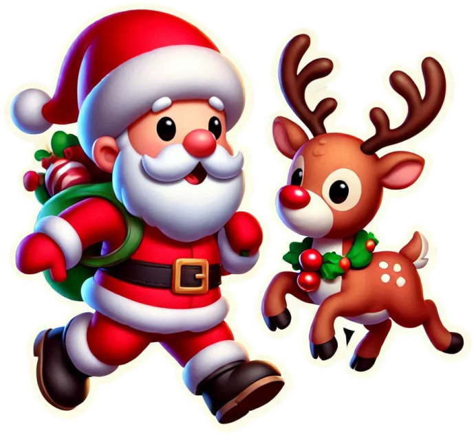 a santa claus and reindeer running together