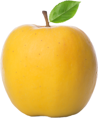 a yellow apple with a green leaf on top