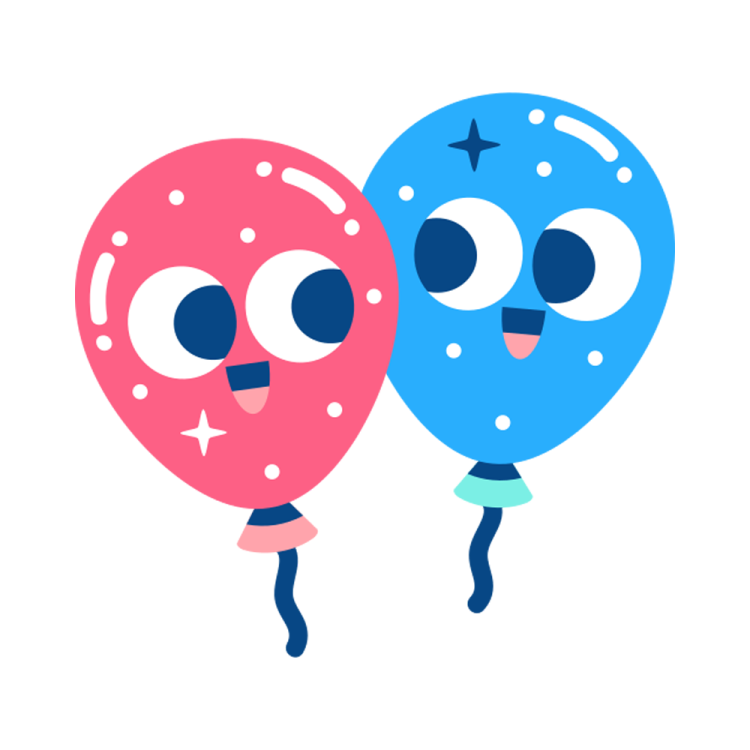 two blue and pink balloons with faces on them
