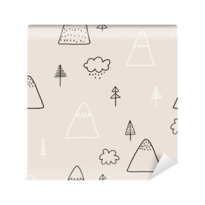 a beige wallpaper with black and white mountains on it