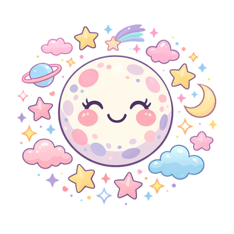 a smiling moon surrounded by stars and clouds