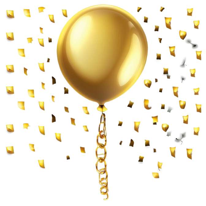 a gold balloon with streamers flying around it