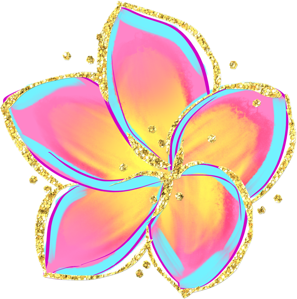 a pink and blue flower with gold glitters