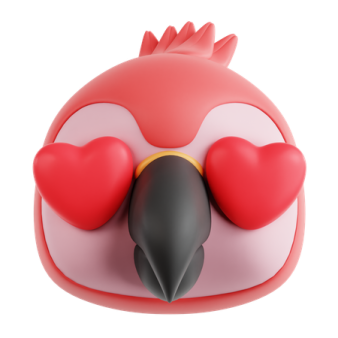 a red and black bird with hearts on its eyes