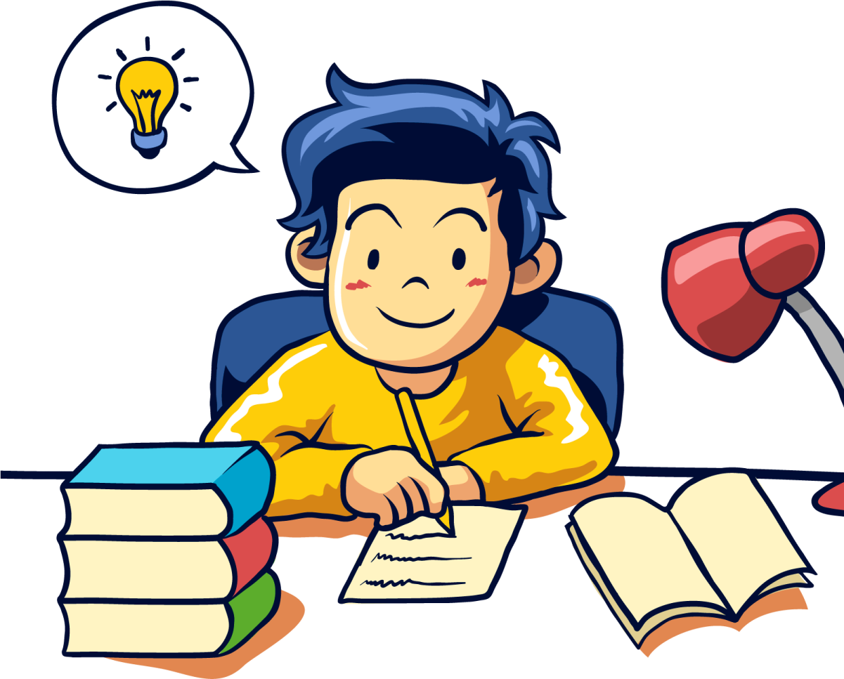a boy sitting at his desk with books and a light bulb above him