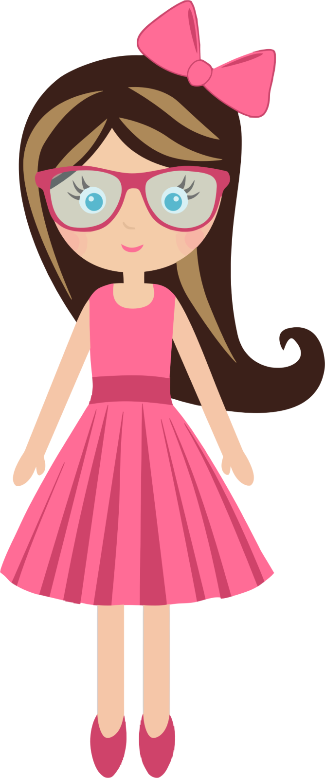 a girl wearing glasses and a pink dress
