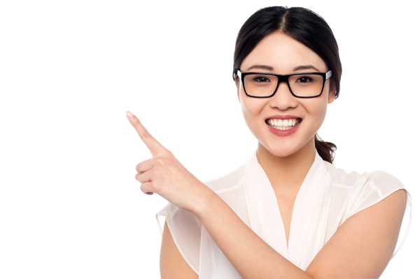 a woman with glasses pointing at the camera