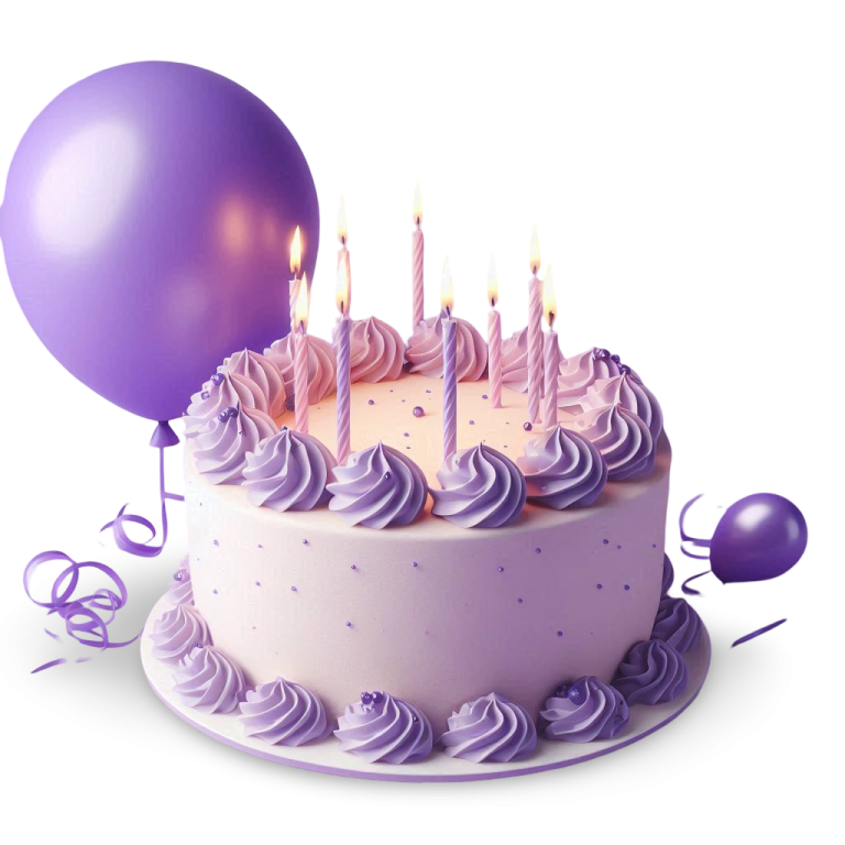a birthday cake with purple frosting and balloons