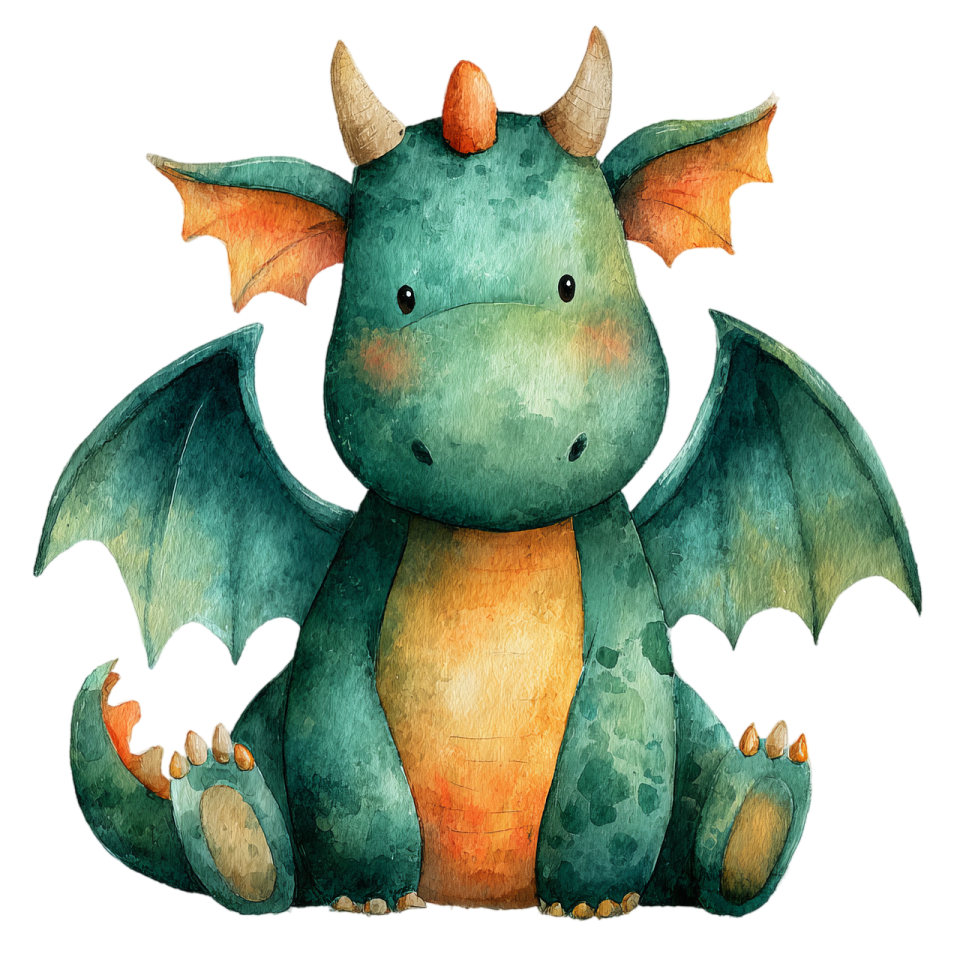 a watercolor painting of a green and orange dragon