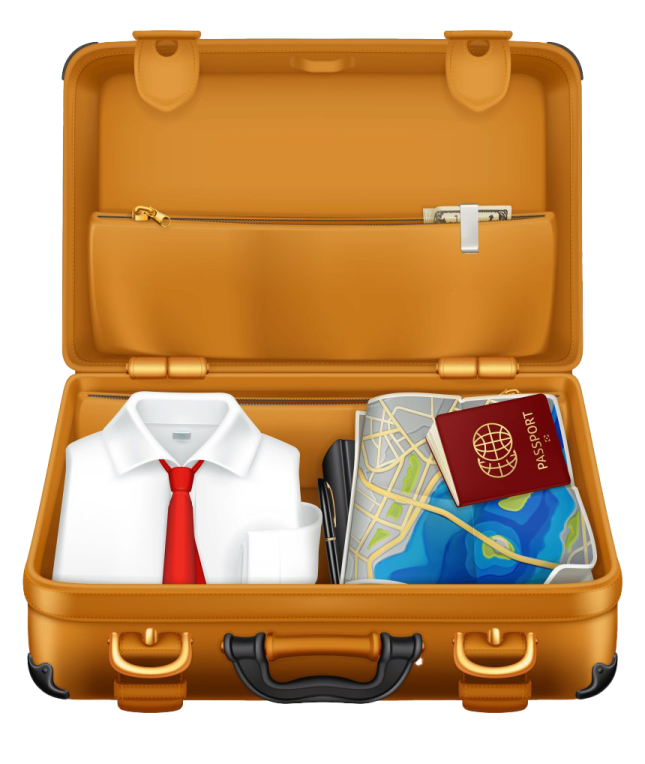 an open suitcase with a passport, passport and other items