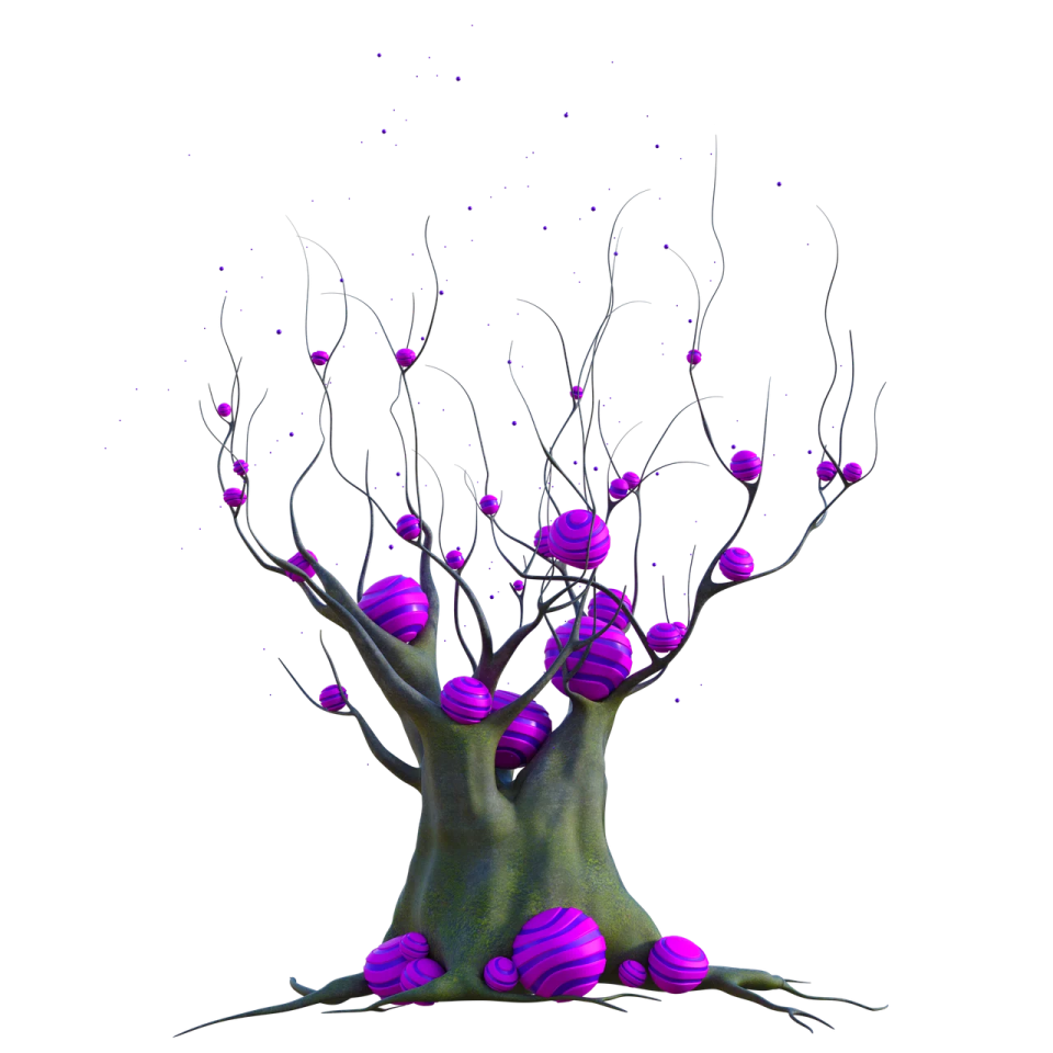 a tree with purple flowers growing out of it