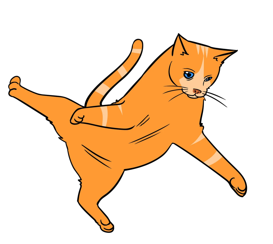 an orange cat with blue eyes and a tail