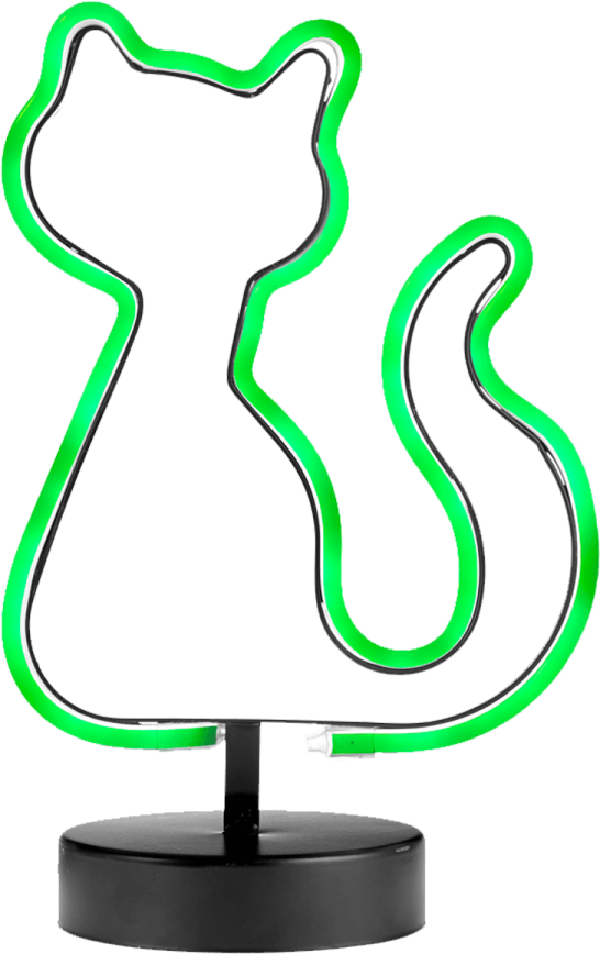 a green neon cat lamp on a black stand