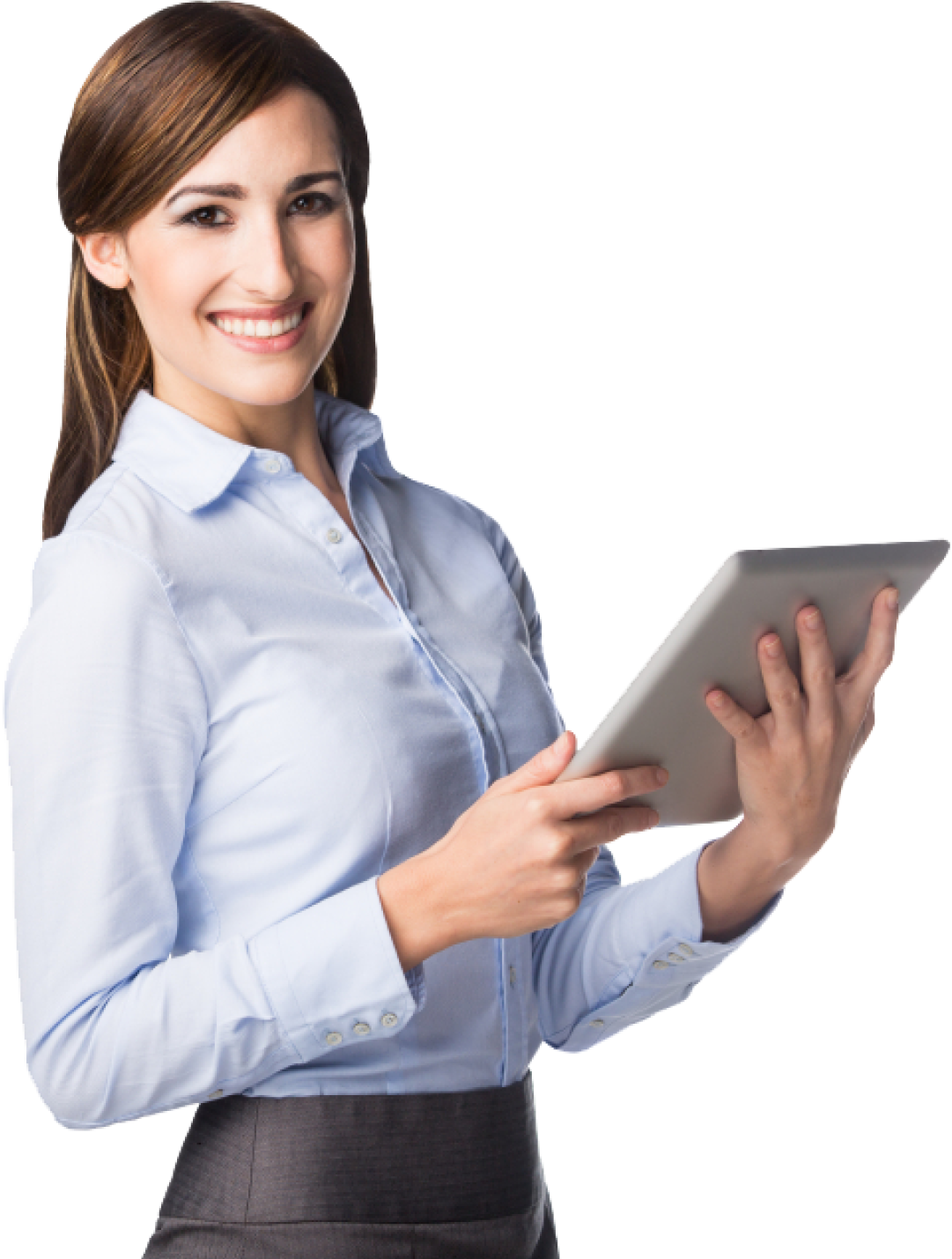 a woman in a blue shirt holding a tablet