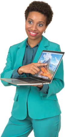 a woman in a green suit holding a laptop