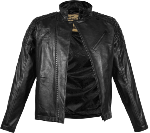 a black leather jacket on a white background