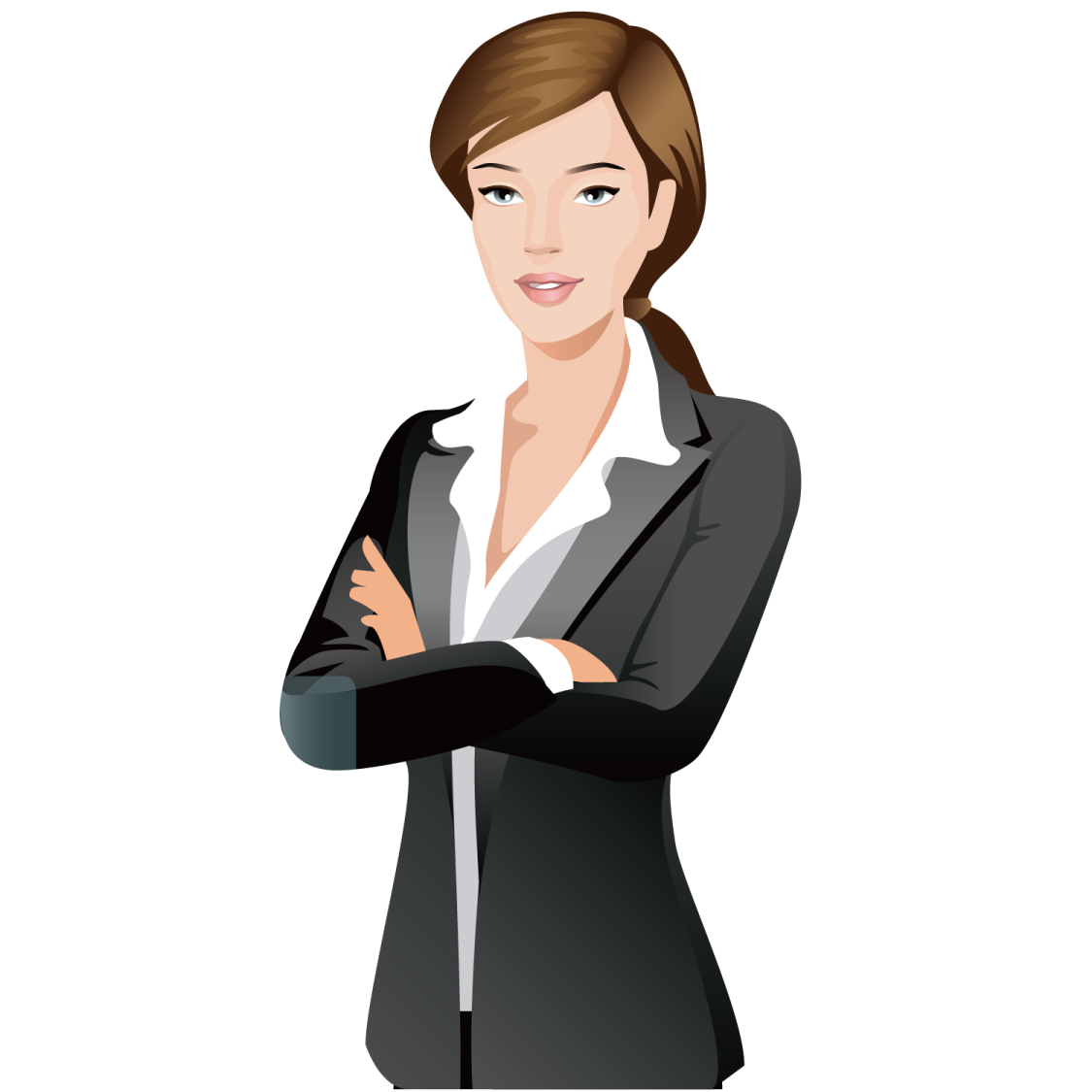 a woman in a suit with her arms crossed
