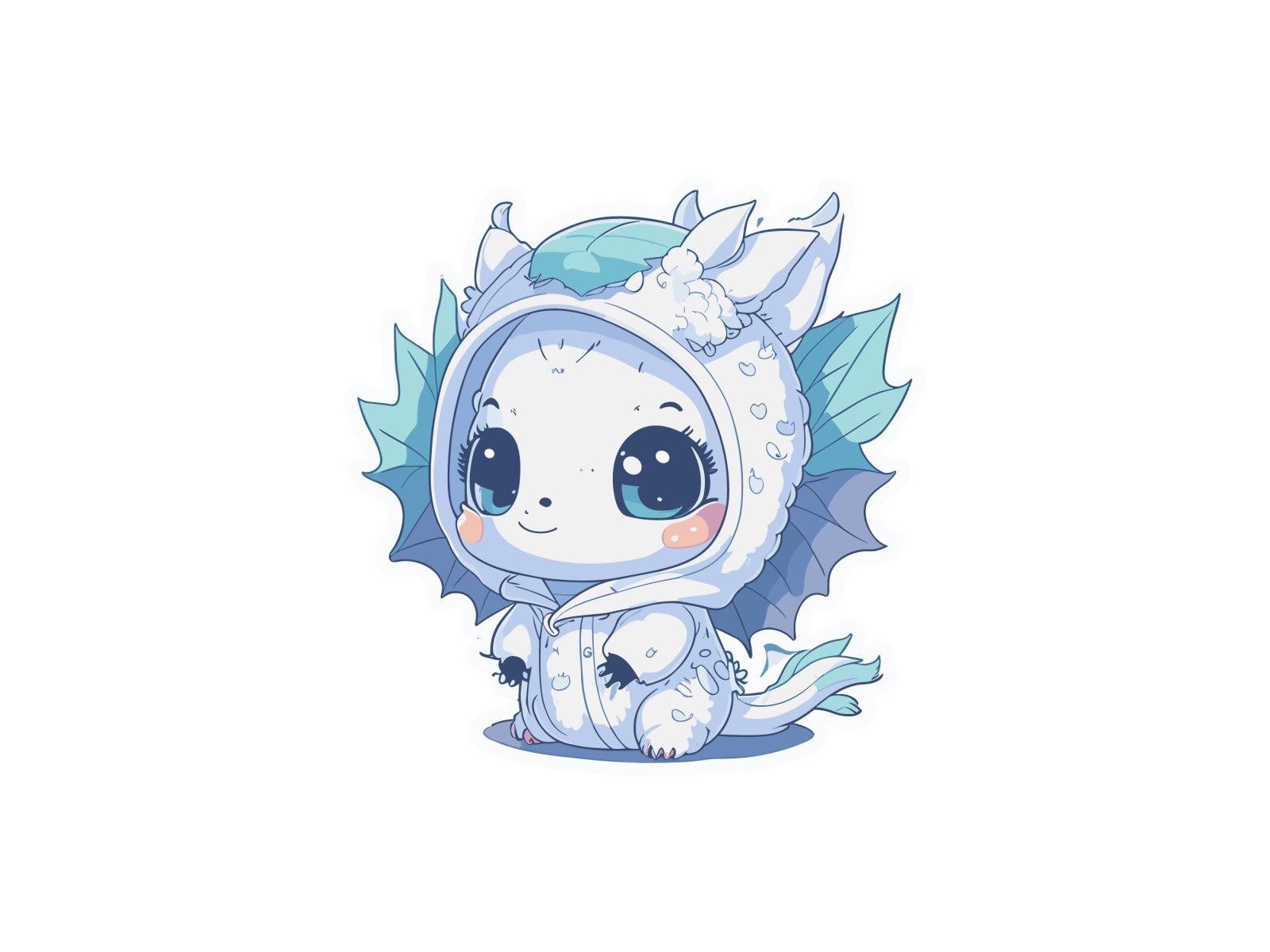 a cute white dragon with blue wings sitting on the ground