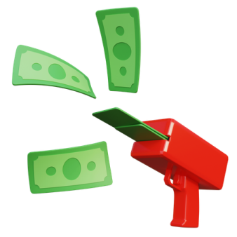 a red and green arrow with money falling from it