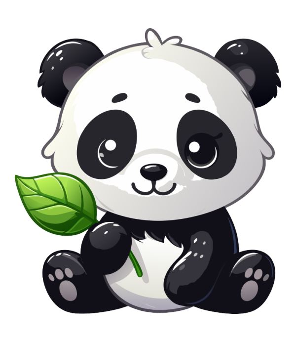 a panda bear with a green leaf in its mouth