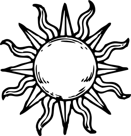 a black and white drawing of a sun