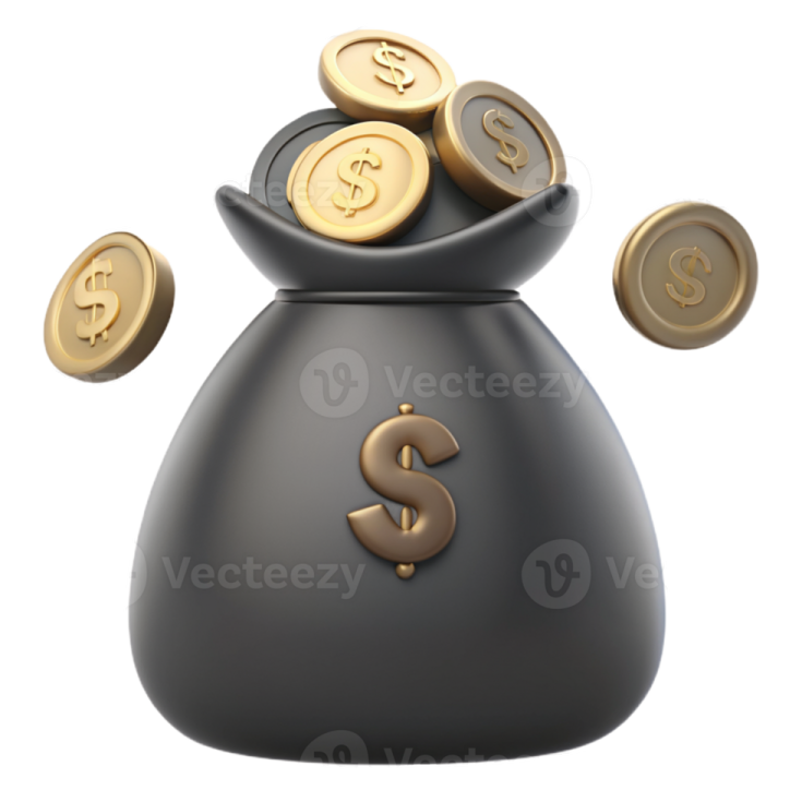 a black money bag filled with gold coins
