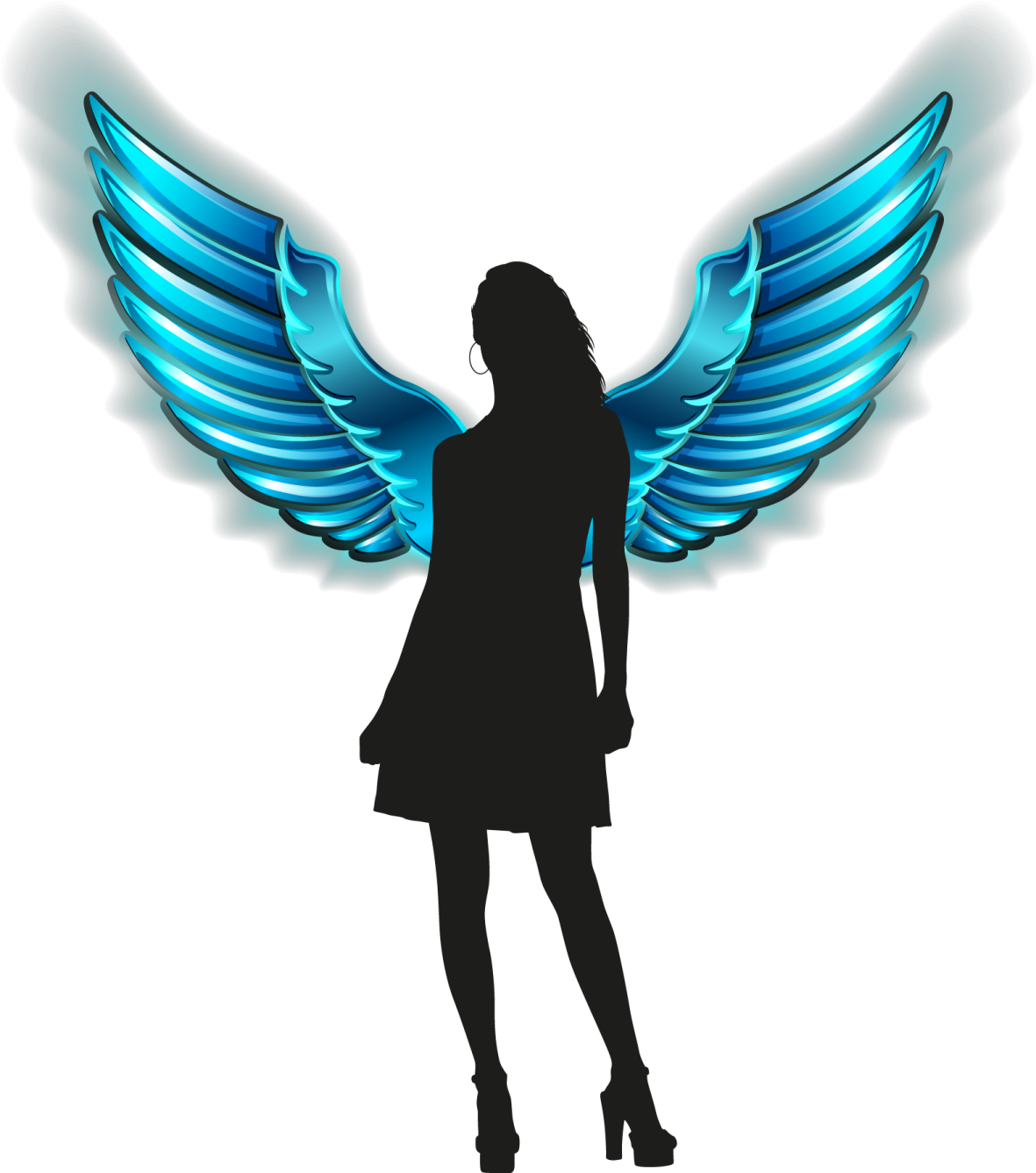 a silhouette of a woman with blue wings
