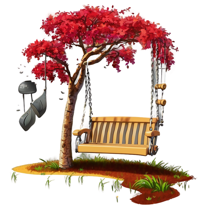 a swing chair and a tree with red leaves