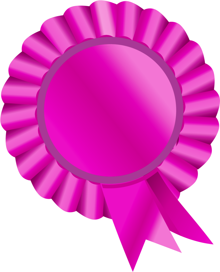 a pink rosette with a ribbon