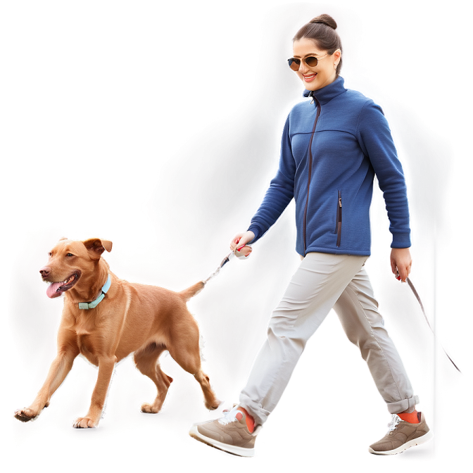 a woman walking a dog on a leash
