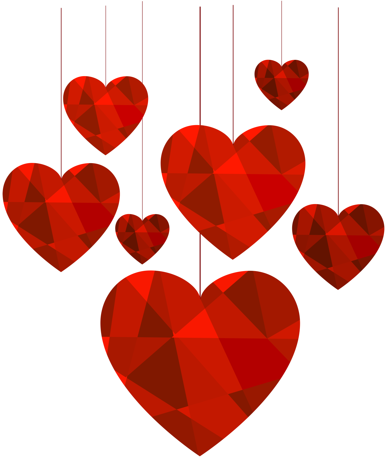 a bunch of red hearts hanging from strings
