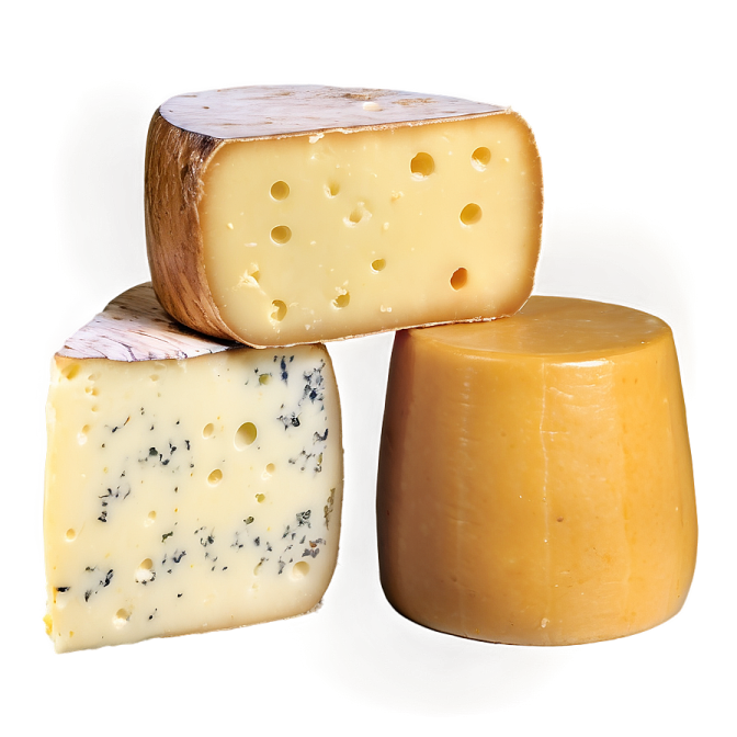 three pieces of cheese stacked on top of each other pieces