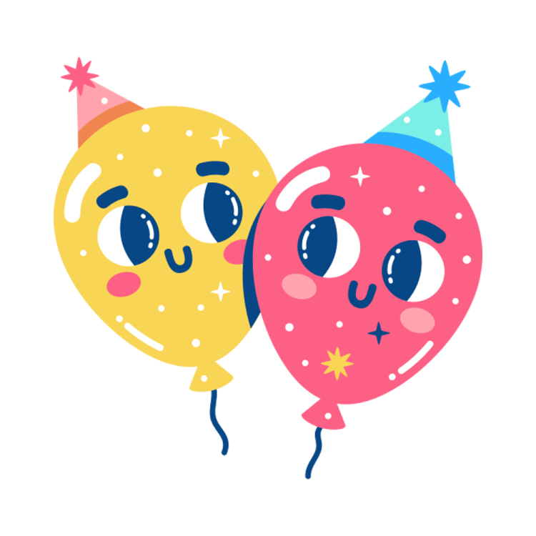 two balloons with faces and a party hat