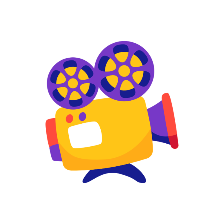 a yellow and purple camera with a red lens