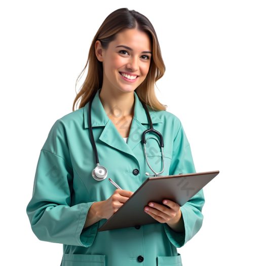 a woman in a green coat holding a clipboard