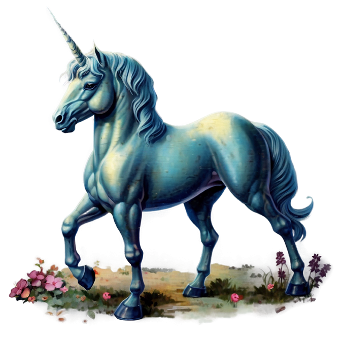 a blue unicorn standing in the grass