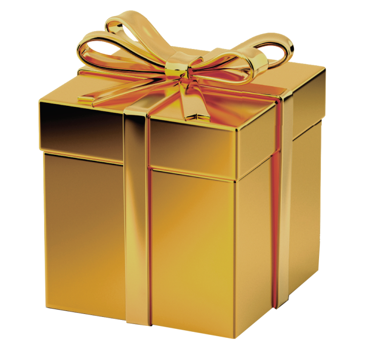 a gold gift box with a red ribbon