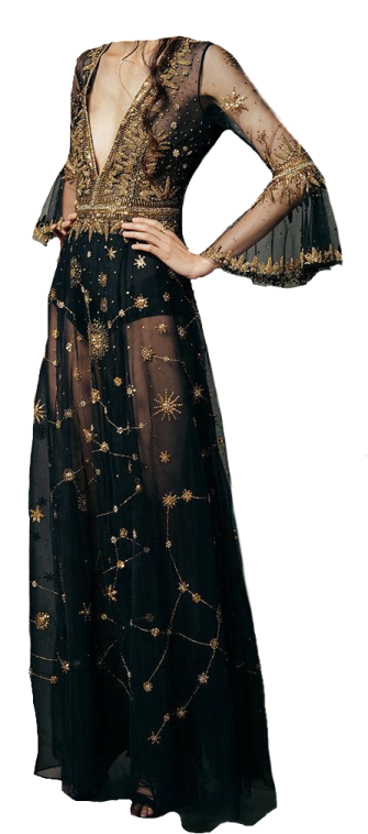 a woman wearing a black and gold embroidered gown