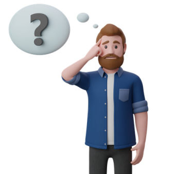 a man in a blue shirt is looking at a question sign