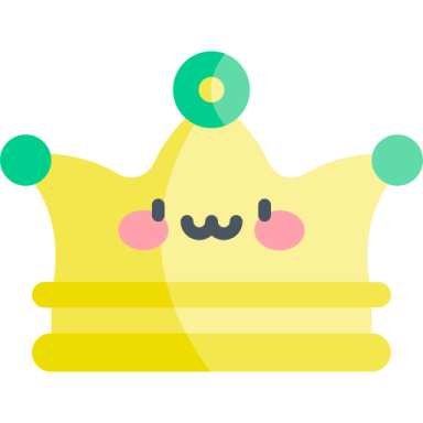 a yellow crown with pink cheeks and green eyes
