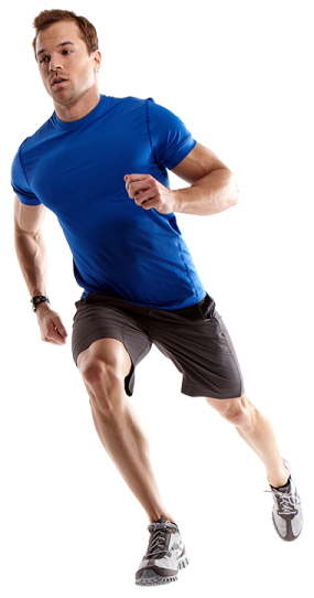 a man in a blue shirt is running