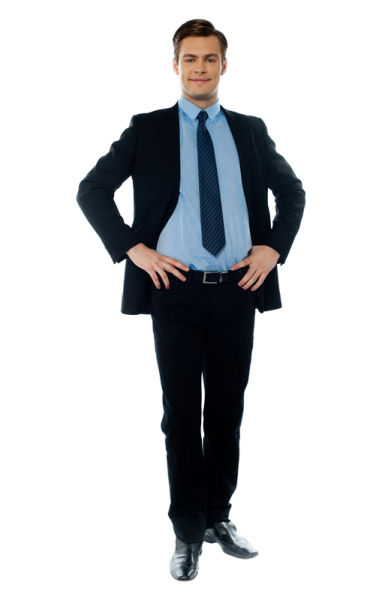 a man in a suit standing with his hands on his hips