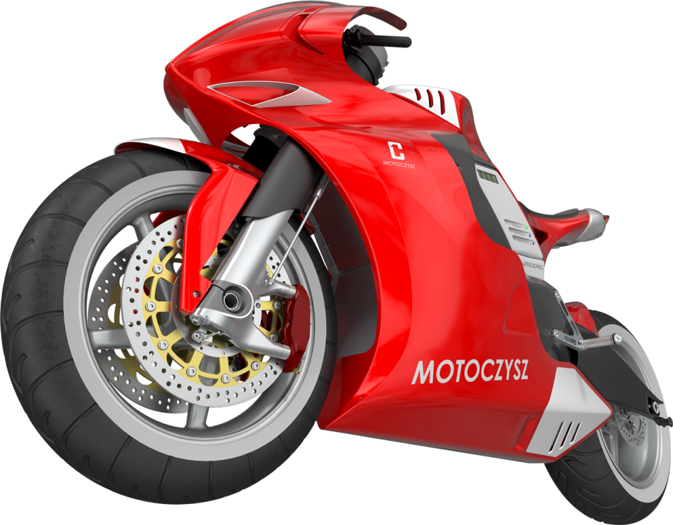 a red motorcycle is shown on a white background
