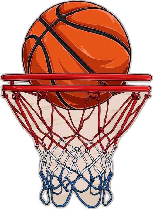an illustration of a basketball ball in the hoop