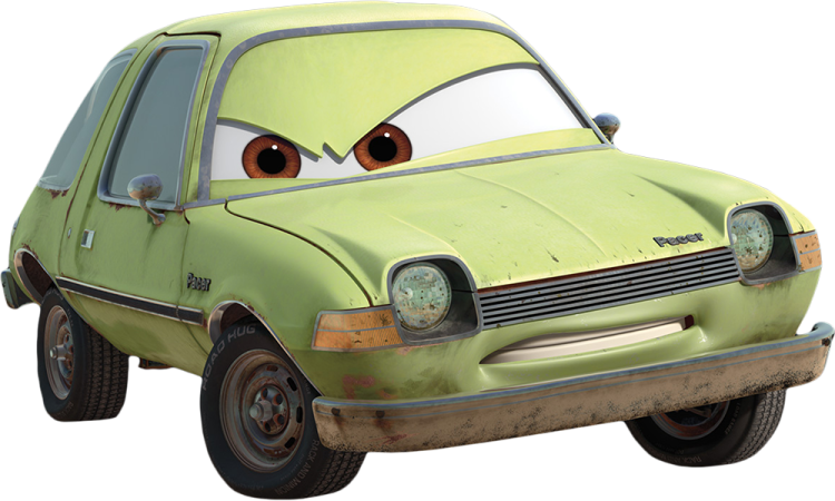a green car with an angry face on it