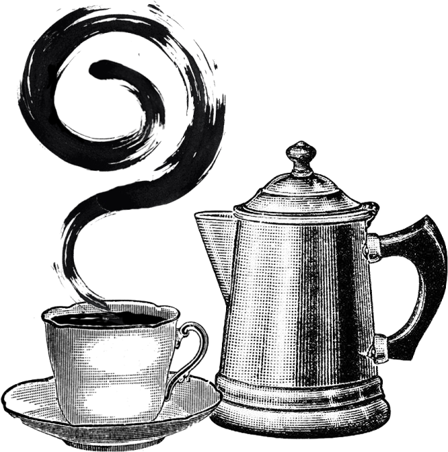 a coffee pot and a cup of coffee