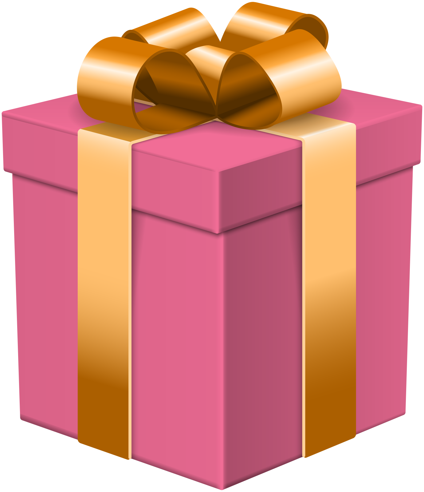 a pink gift box with gold ribbon