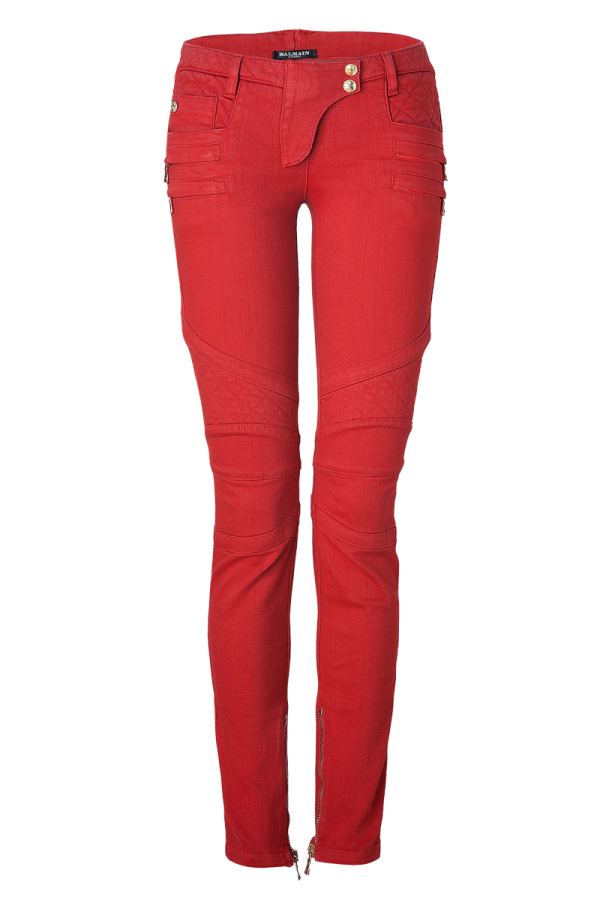 a pair of red jeans on a white background