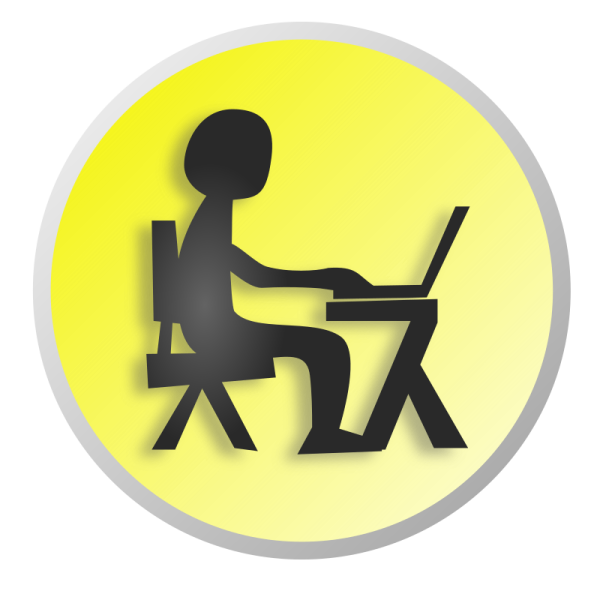 a person sitting at a desk in front of a yellow circle