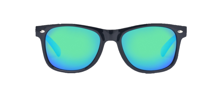 a pair of black sunglasses with green mirrored lenses